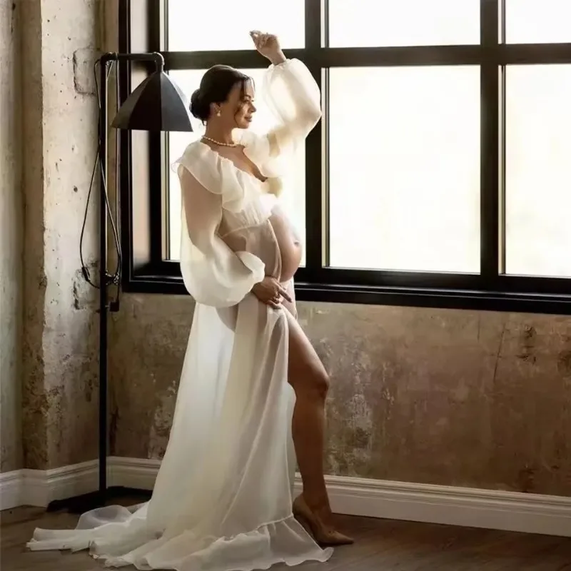 Vestido bohemio de maternidad para sesión de fotos – Gasa con volantes - imagen 5