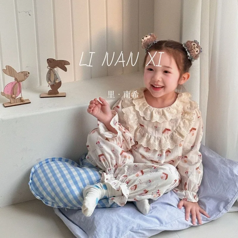 1 Juego de ropa de dormir dulce de dibujos animados para niña, pijamas Kawaii con volantes de oso y conejito para niños, pantalones de manga larga de algodón suave para primavera y verano - imagen 3
