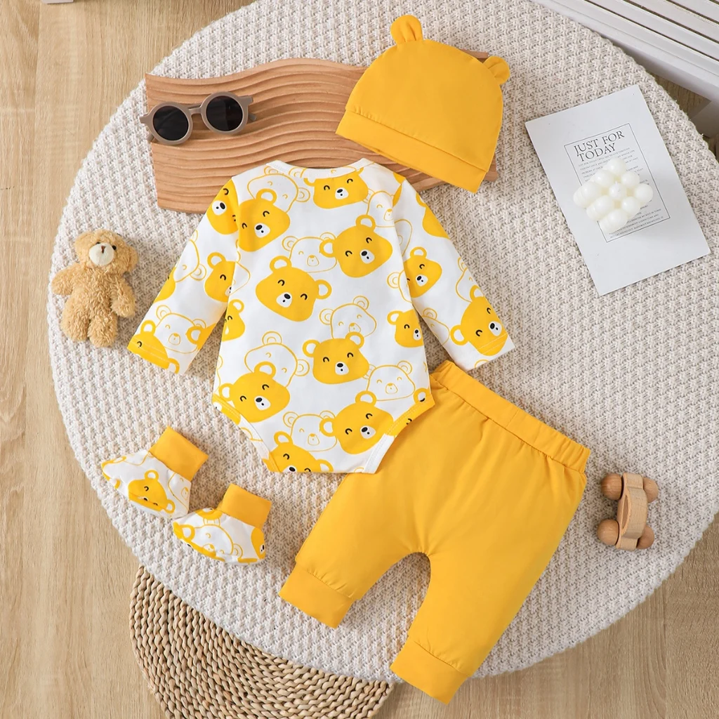 Juego de 4 piezas de oso para bebé recién nacido de 0 a 9 meses |   Body de oso amarillo + sombrero + pantalones amarillos Conjunto de regalo para recién nacido Mono lindo y divertido - imagen 5
