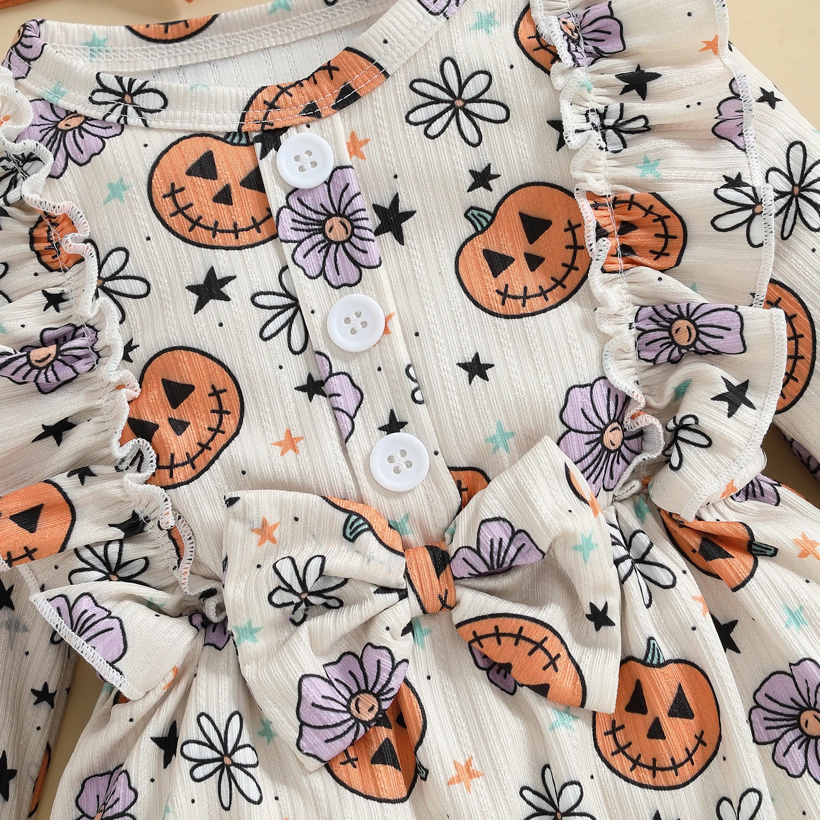 VISgogo Ropa de Halloween para niña con estampado floral de calabaza, manga larga, cuello redondo, mameluco con volantes y calcetines y diadema - imagen 4