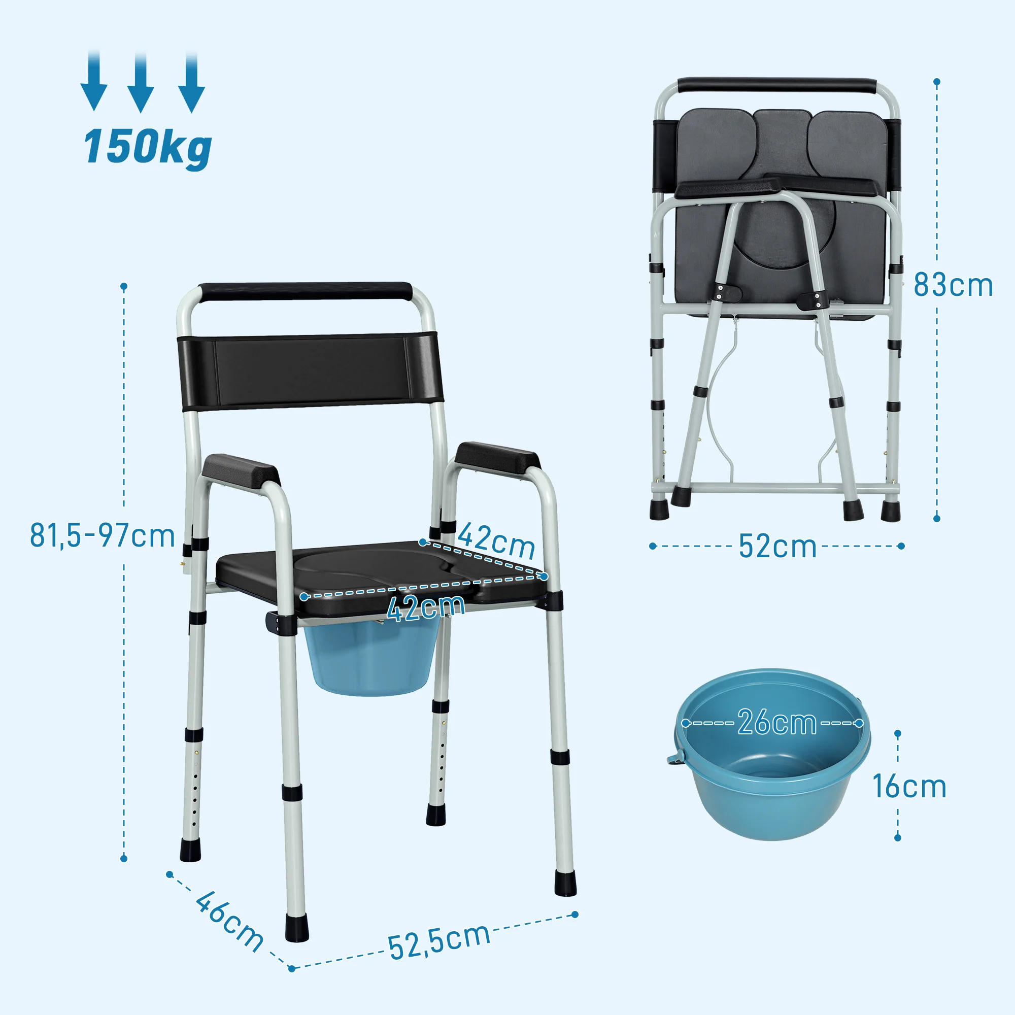 HOMCOM Silla WC Personas Mayores Plegable Silla con Inodoro con Altura Ajustable Cubo y Almohadillas Antideslizantes Carga 150 kg para Discapacitados Embarazadas Negro - imagen 3