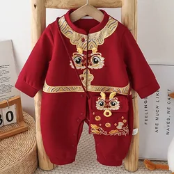 Ropa de primavera y otoño para bebé, traje de Año Nuevo Chino para bebé, monos rojos de algodón de manga larga con dibujos animados + bolsa B328