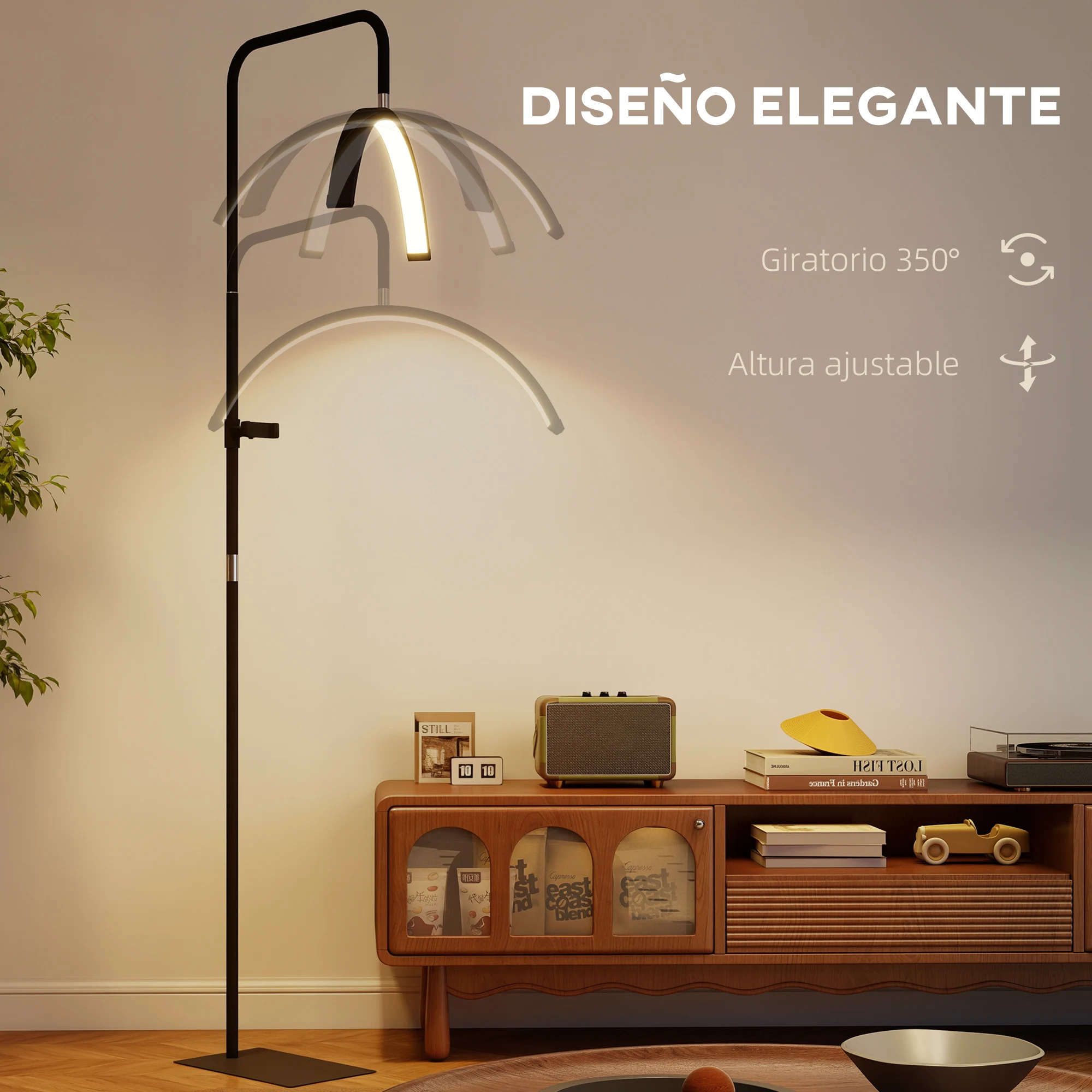 HOMCOM Lámpara Pestañas Media Luna, Lámpara de Pie con Cabeza Giratoria 350°, 7 Temperaturas de Color, Brillo Ajustable, Soporte para Teléfono, Control Remoto, para Uñas, Cuidado de Piel, Tatuajes - imagen 4