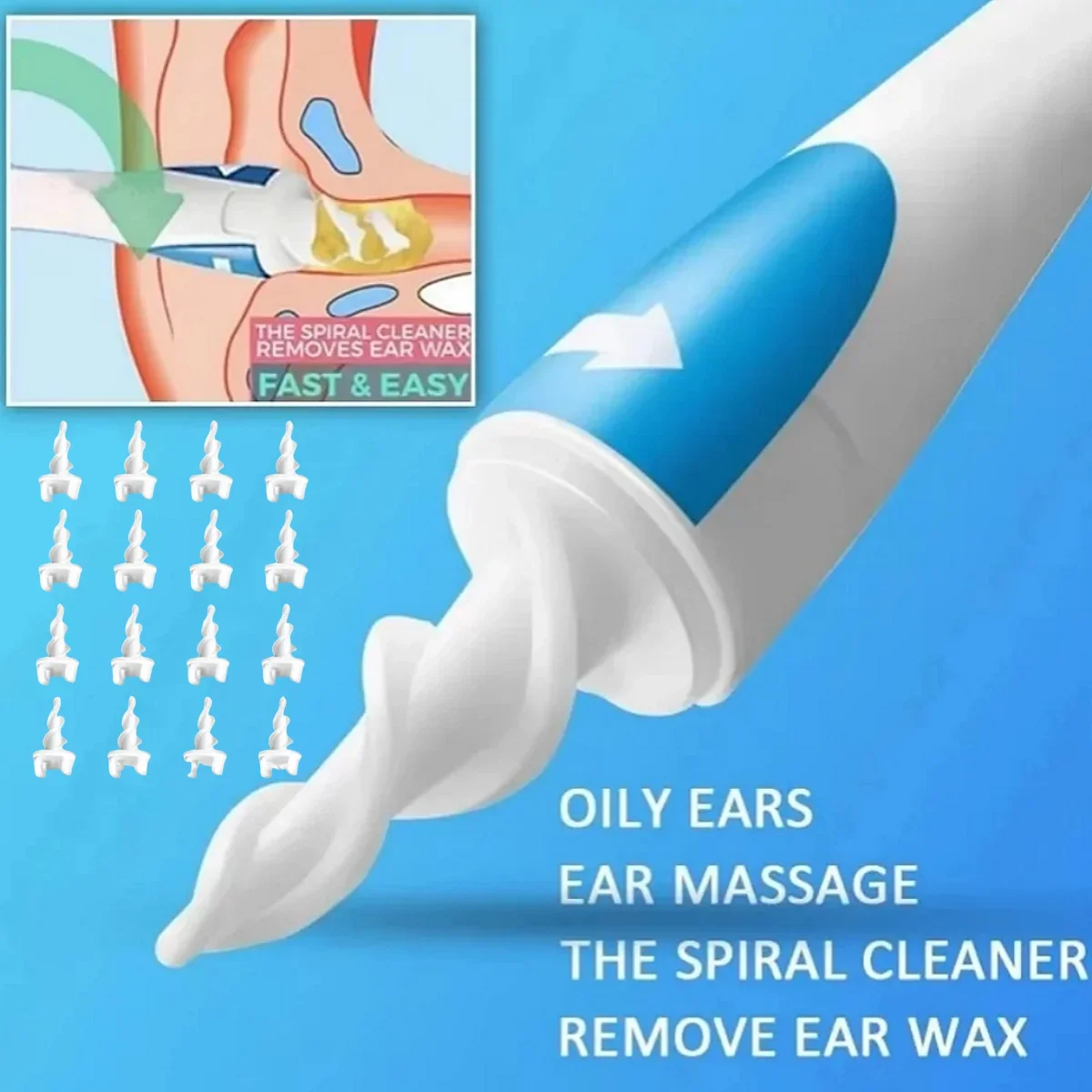 Removedor de aceite de oreja en espiral portátil suave, removedor de aceite de oreja para adultos y niños, herramienta de limpieza de cera de oídos de 16 cabezales