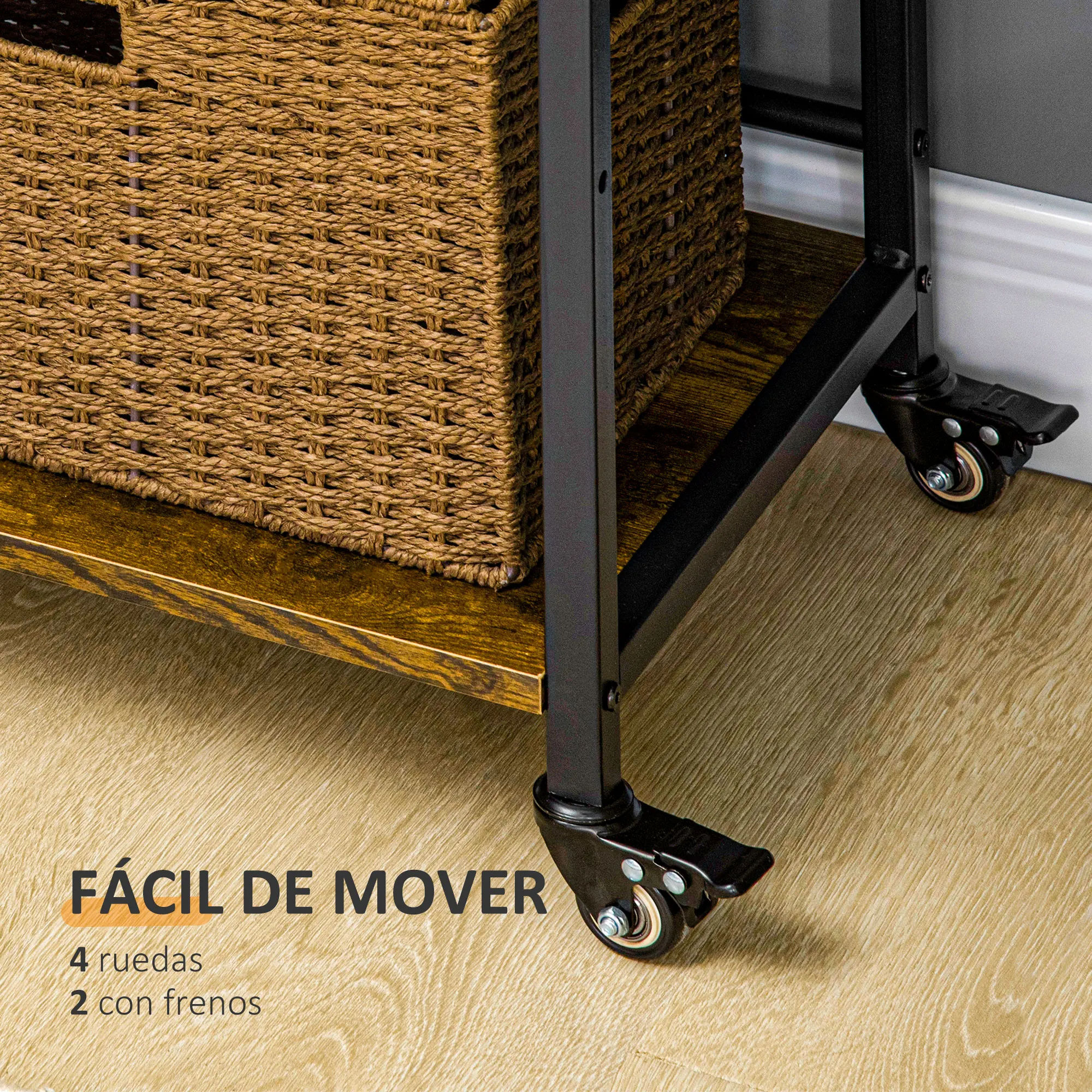 HOMCOM Carro de Almacenamiento con 3 Estantes Ajustables Soporte de Impresora con Ruedas para Oficina Cocina Dormitorio 50x35x100,5 cm Marrón Rústico - imagen 5