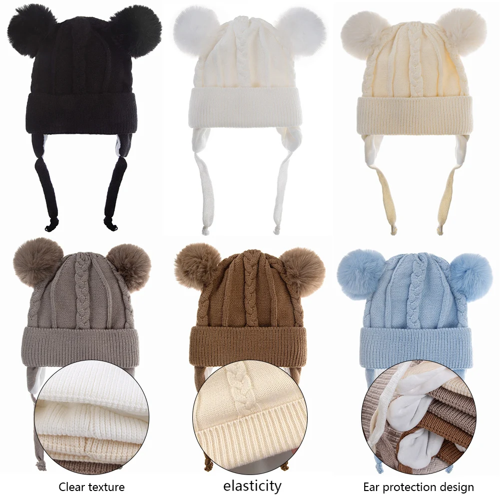Gorros de punto con textura de oso para bebés y niñas, gorros gruesos y cálidos con protección para los oídos, forro de algodón, diademas para niños - imagen 4
