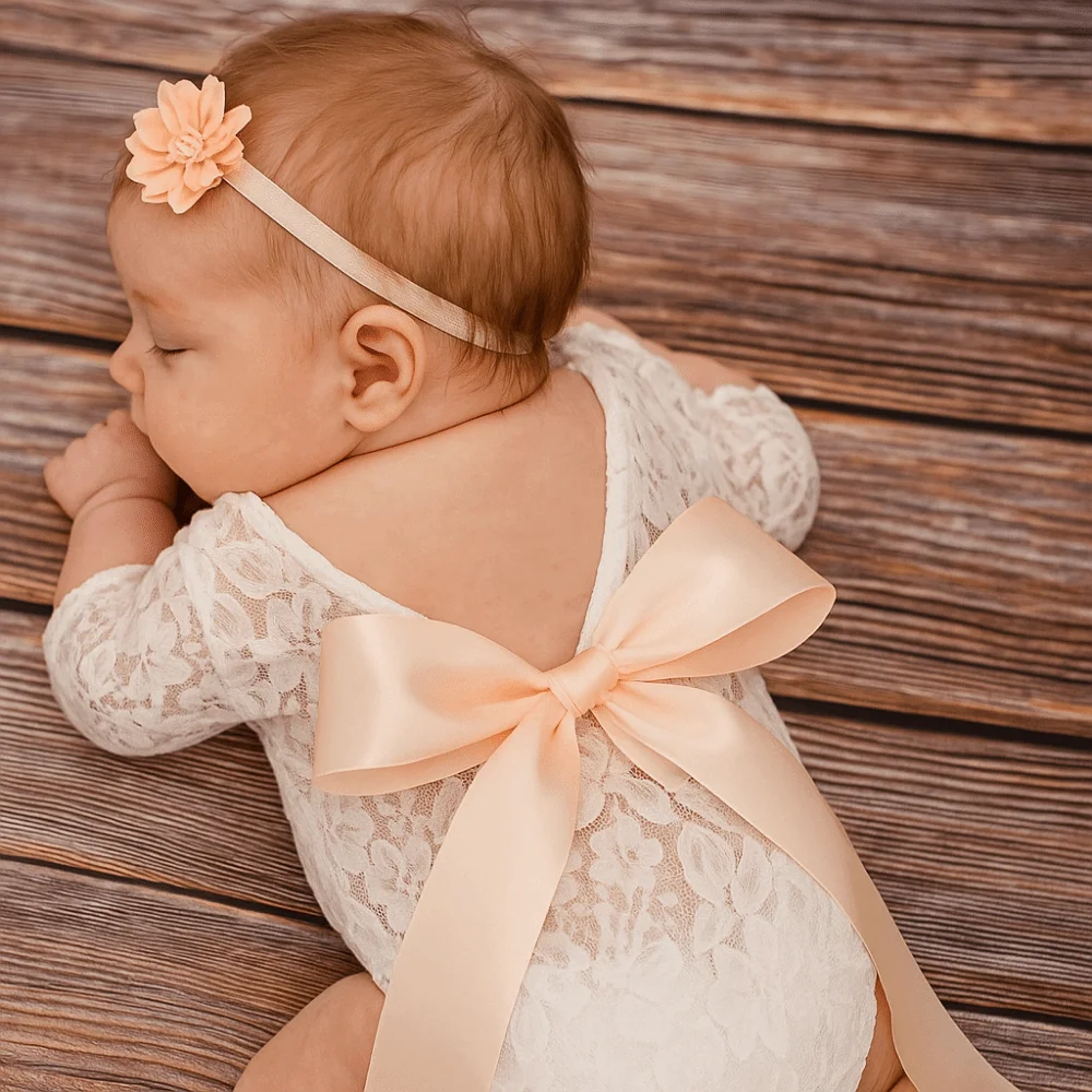 2 unids/set creativo niños foto ropa pajarita diseño Floral recién nacido encaje mameluco Color sólido espalda hueca - imagen 2