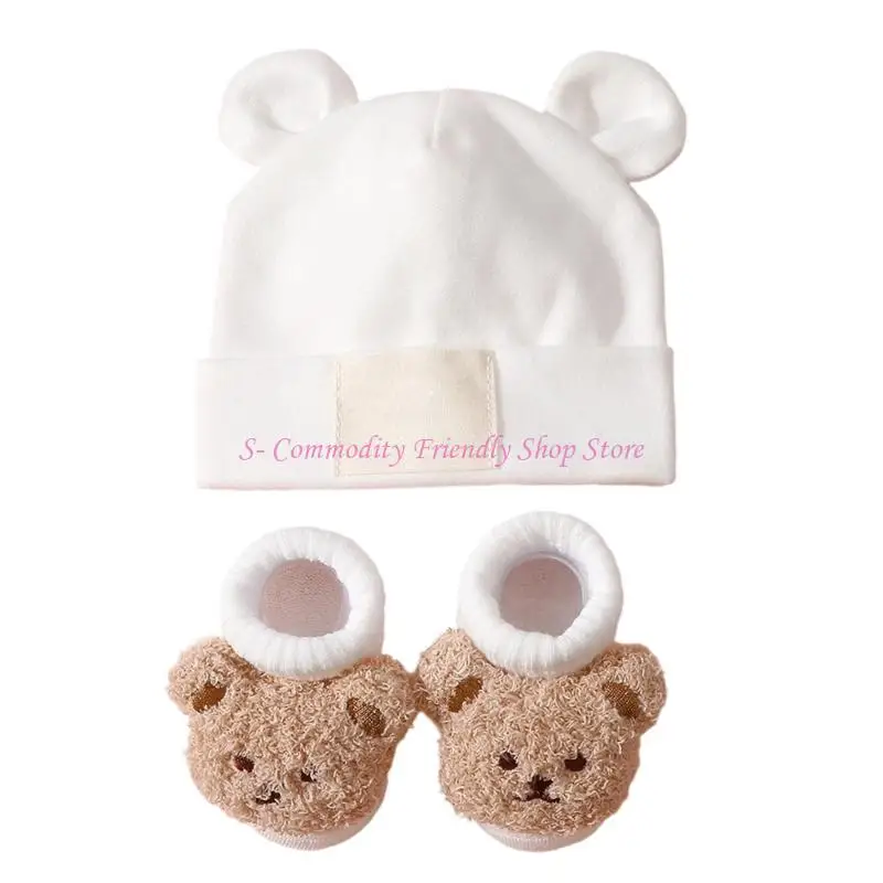 85AE Conjunto gorro y calcetines estilo clásico para bebé recién nacido, suave y elástico para uso diario, bonito gorro - imagen 5