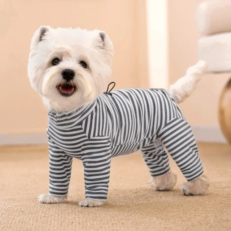 Mono a rayas para perro, jersey suave y cálido de algodón para otoño e invierno, pijamas para cachorros, mono de cuatro patas para mascotas, ropa para perros pequeños