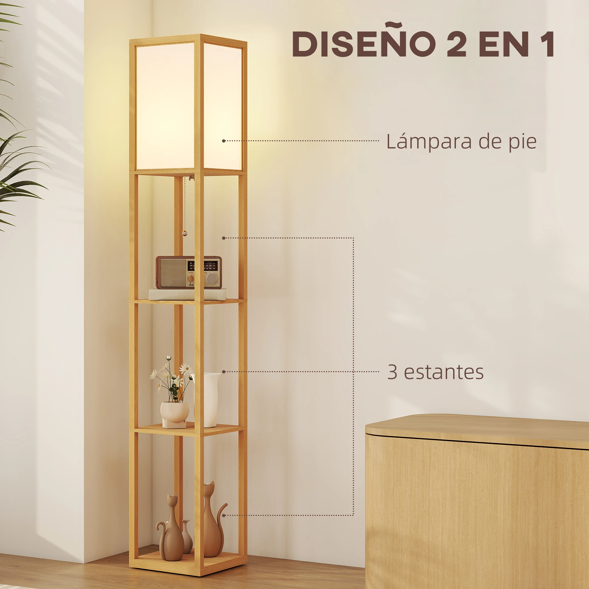 HOMCOM Lámpara de Pie con Estantes de Almacenaje, Lámpara de Madera Moderna, Bombilla E27, para Salón, Dormitorio, Oficina, Natural - imagen 4