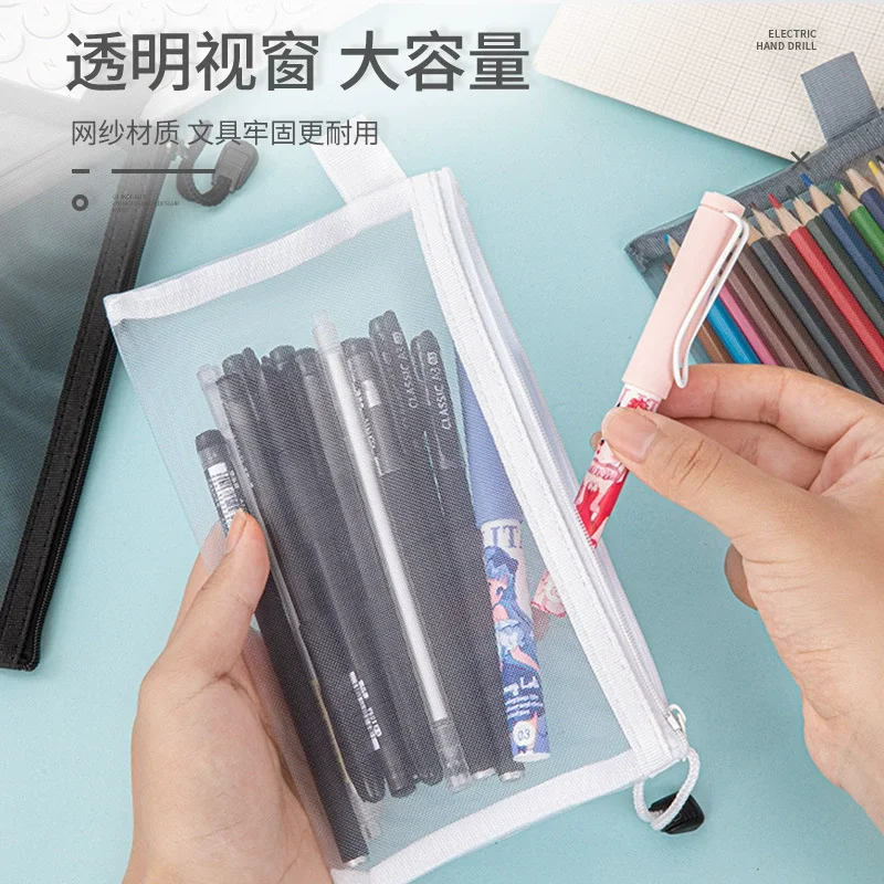 Estuche para lápices con cremallera transparente de nailon, bolsa de papelería transparente con cremallera de Color sólido, estuche de viaje, bolsa de maquillaje para volver a la escuela