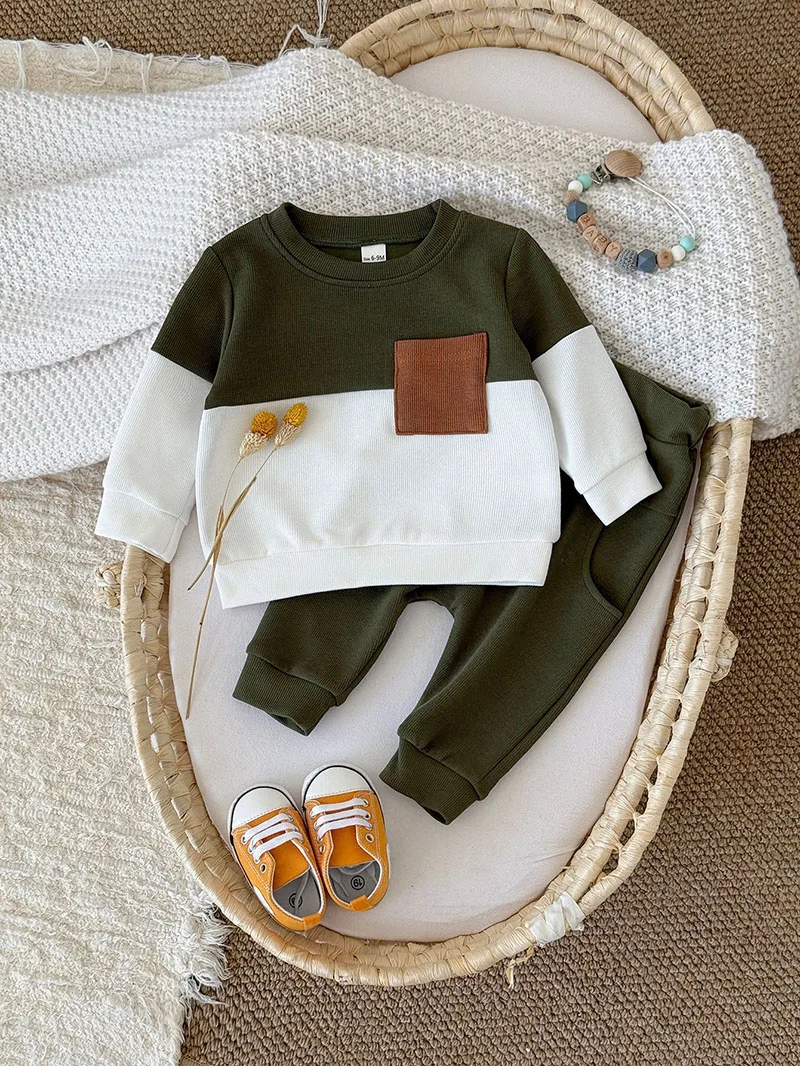 MILANCEL nuevo conjunto de ropa de otoño para bebé 6M-3T bloque de Color sudadera con capucha para niños + Pantalones sueltos traje deportivo coreano para niños pequeños 2 uds - imagen 5