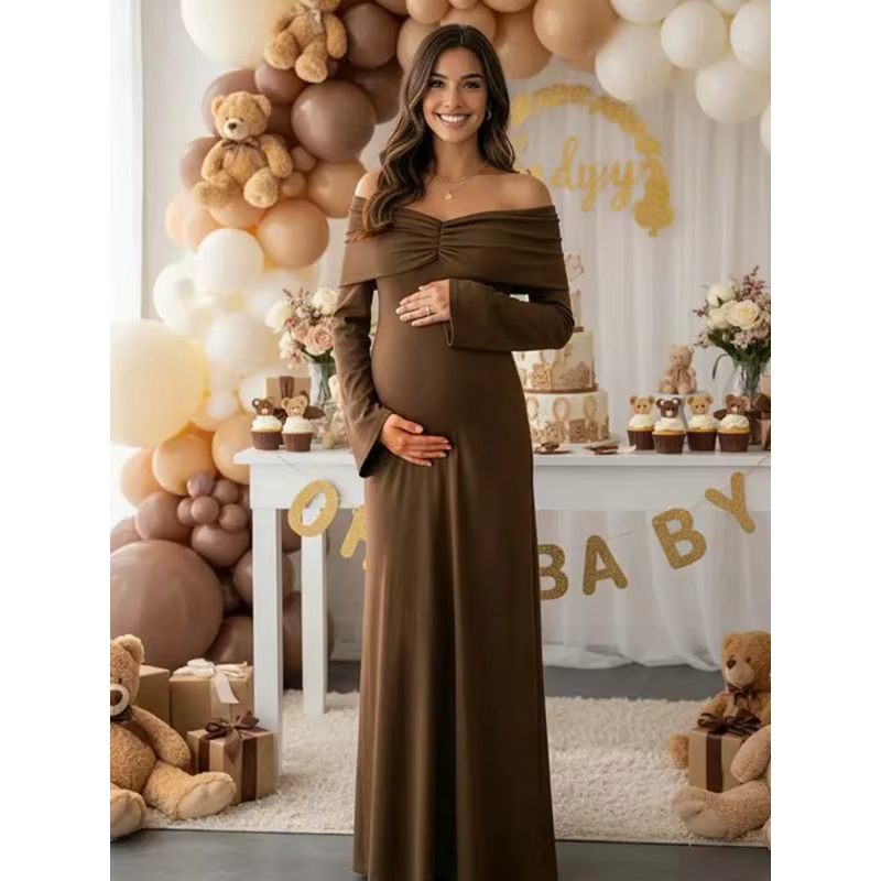 Vestido premamá para fotos de embarazo – Manga larga marrón