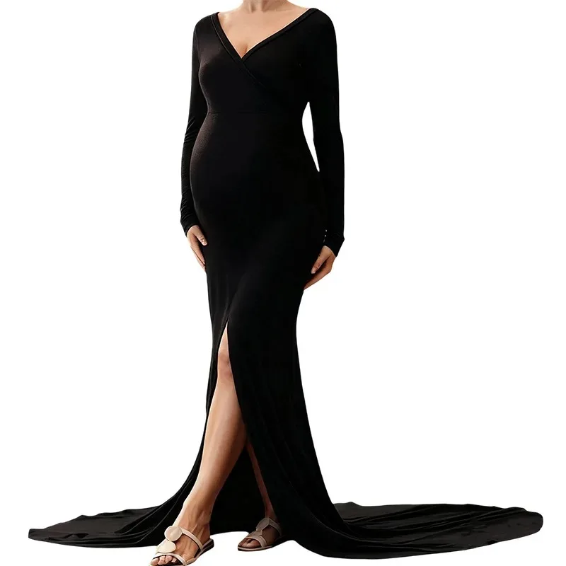 Vestido de maternidad maxi negro con cuello en V y abertura - imagen 5