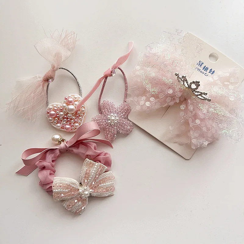 1 pieza serie rosa niñas Heardwear banda para el cabello horquilla Estilo Princesa corona de malla de perlas amor flor arco niños bebé Clip para el cabello - imagen 3