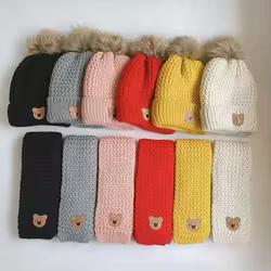 Conjunto de gorro y bufanda de punto para niño y niña, gorro de ganchillo de oso de dibujos animados, cálido, Otoño e Invierno