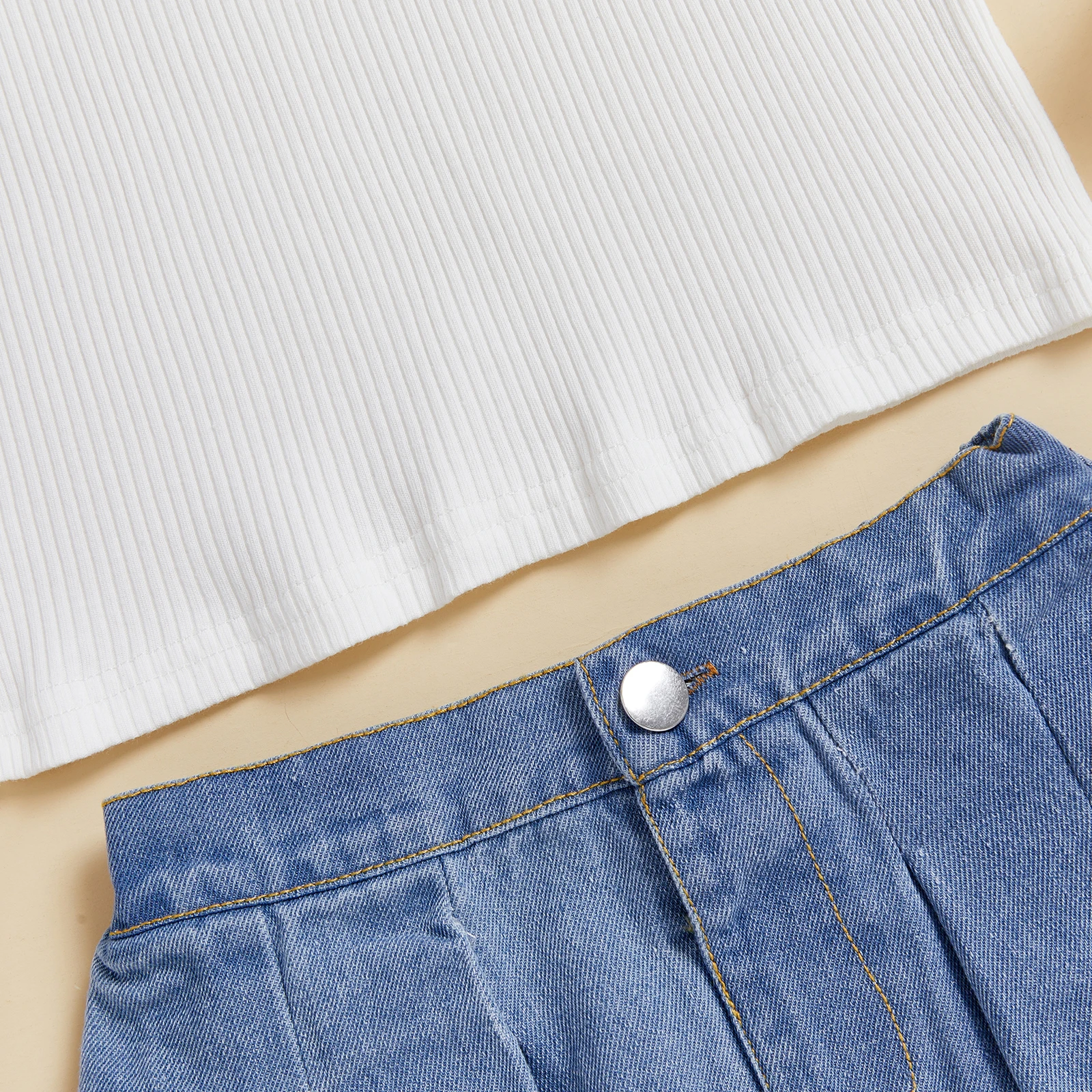 Conjunto de 2 piezas de falda de mezclilla con cintura elástica y manga larga con ribete borroso para niña pequeña - imagen 5