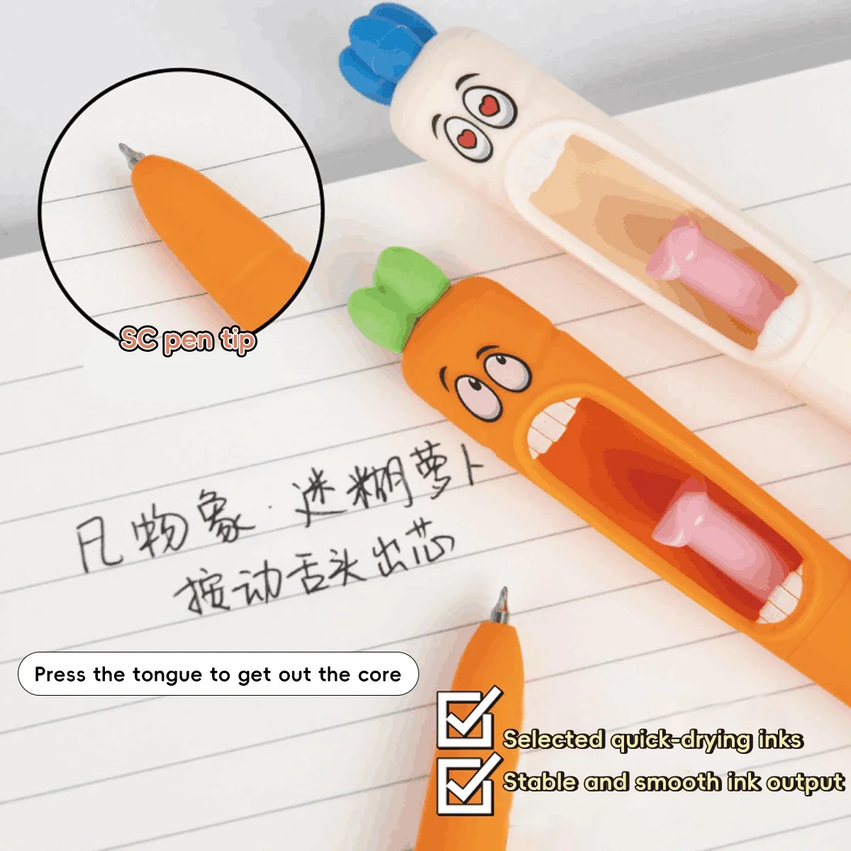 Bolígrafos Kawaii de dibujos animados, bolígrafo de Gel con forma de zanahoria, diseño de recambio de lengua retráctil, bolígrafos de tinta negra, regalo de papelería para oficina y escuela - imagen 5