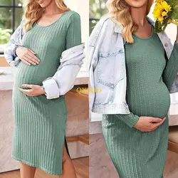QX2D Vestido premamá acanalado elástico con cintura ajustable