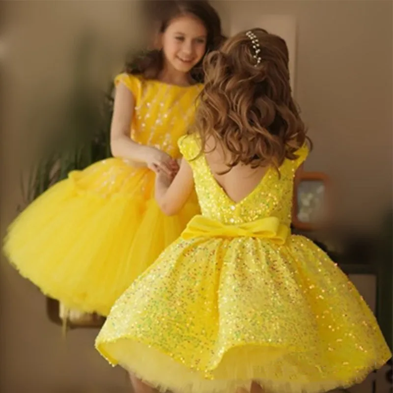 Vestido de princesa sin espalda para niñas, vestido de tul con lentejuelas brillantes de estilo europeo para niños, pasarela y azafata, vestidos de fiesta directos en el extranjero