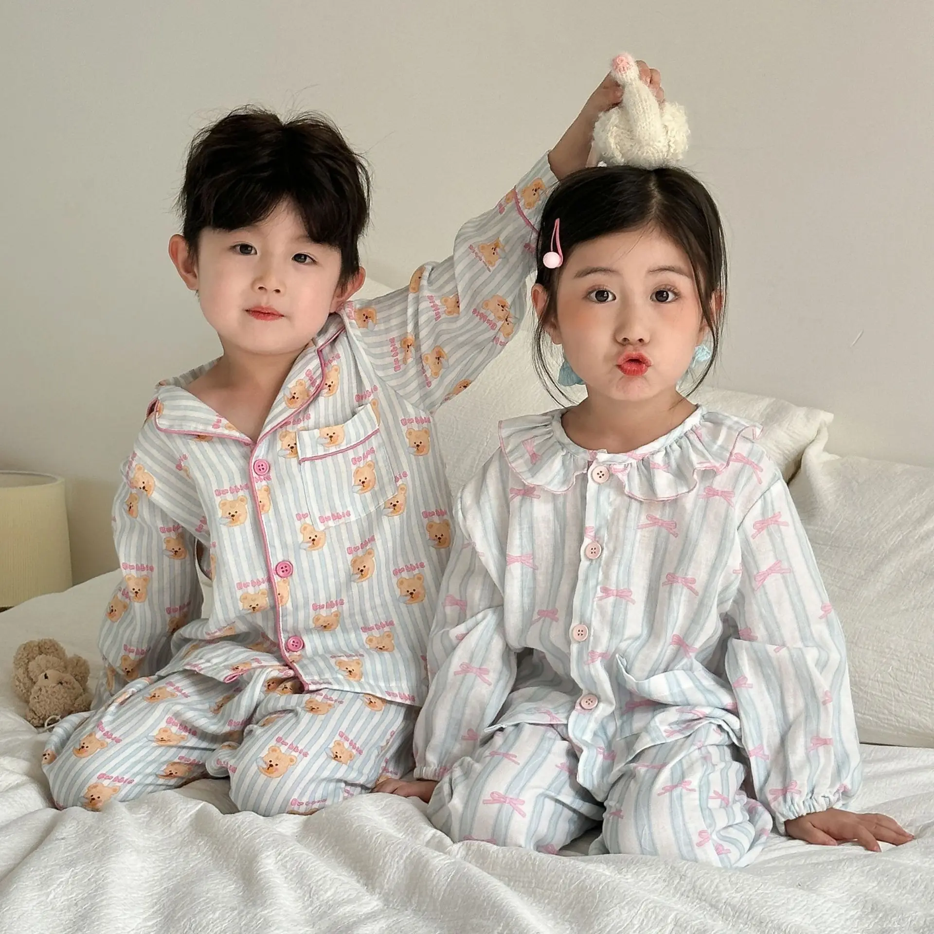 Otoño nuevo conjunto de pijamas para niños lindo oso estampado de lazo Vintage a rayas 1 a 10 años niños niñas ropa de descanso de hilo de algodón - imagen 2