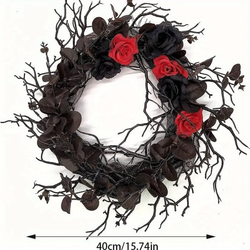 Couronne de porte d'halloween 15.7 pouces, feuilles d'eucalyptus, Rose rouge, noire, joyeux Halloween, couronne artificielle, décoration gothique pour la maison - imagen 4