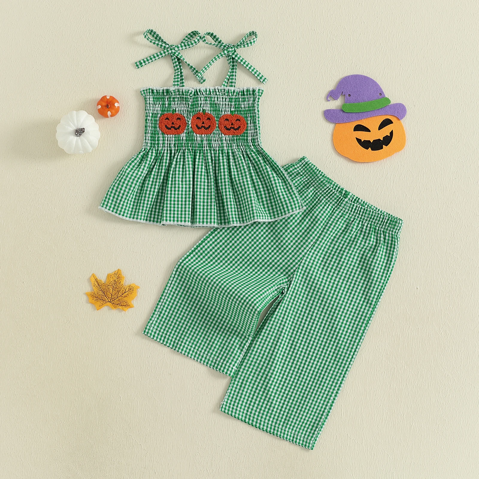 Traje de Halloween para niña pequeña, bordado de calabaza, fruncido, tirantes finos, Tops, pantalones de pierna ancha, conjunto a cuadros - imagen 5