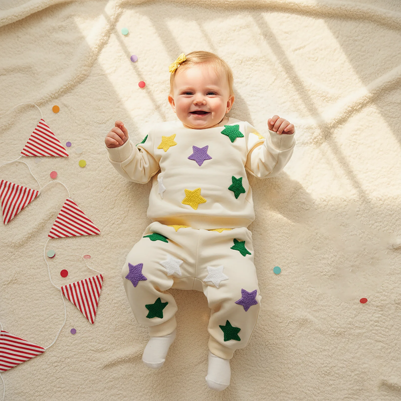 Suefunskry Conjunto de sudadera y pantalones de cintura elástica con bordado de estrellas coloridas y cuello redondo de manga larga para niño y niña - imagen 2
