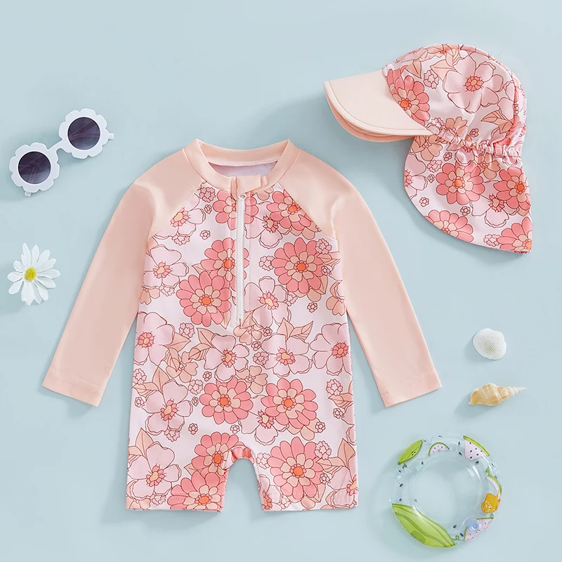 Tregren Traje de baño manga larga para niña con estampado floral