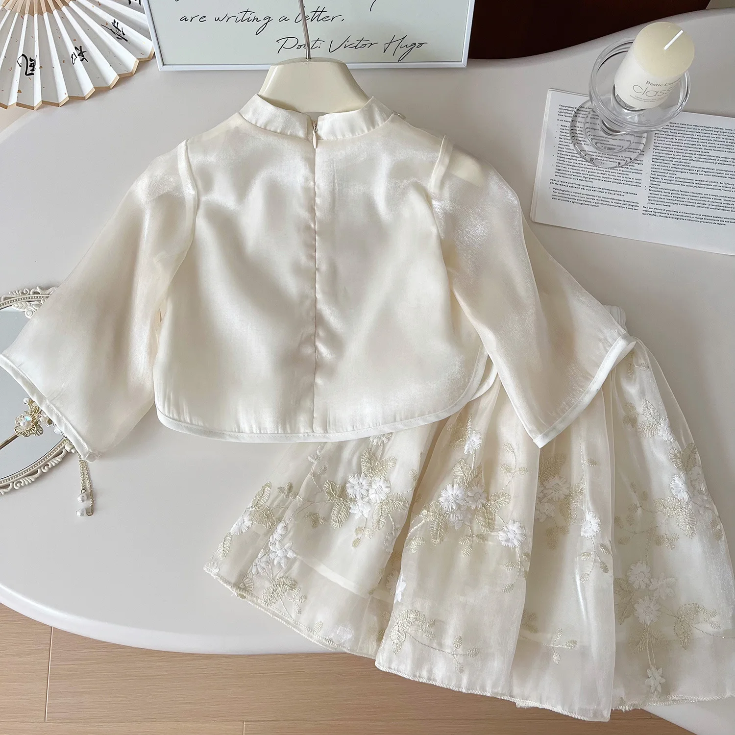Ropa de verano de 2 piezas para niña, Tops de malla de manga larga con flores bonitas de estilo chino + falda, ropa de Boutique para niños, conjuntos para niños B071 - imagen 2