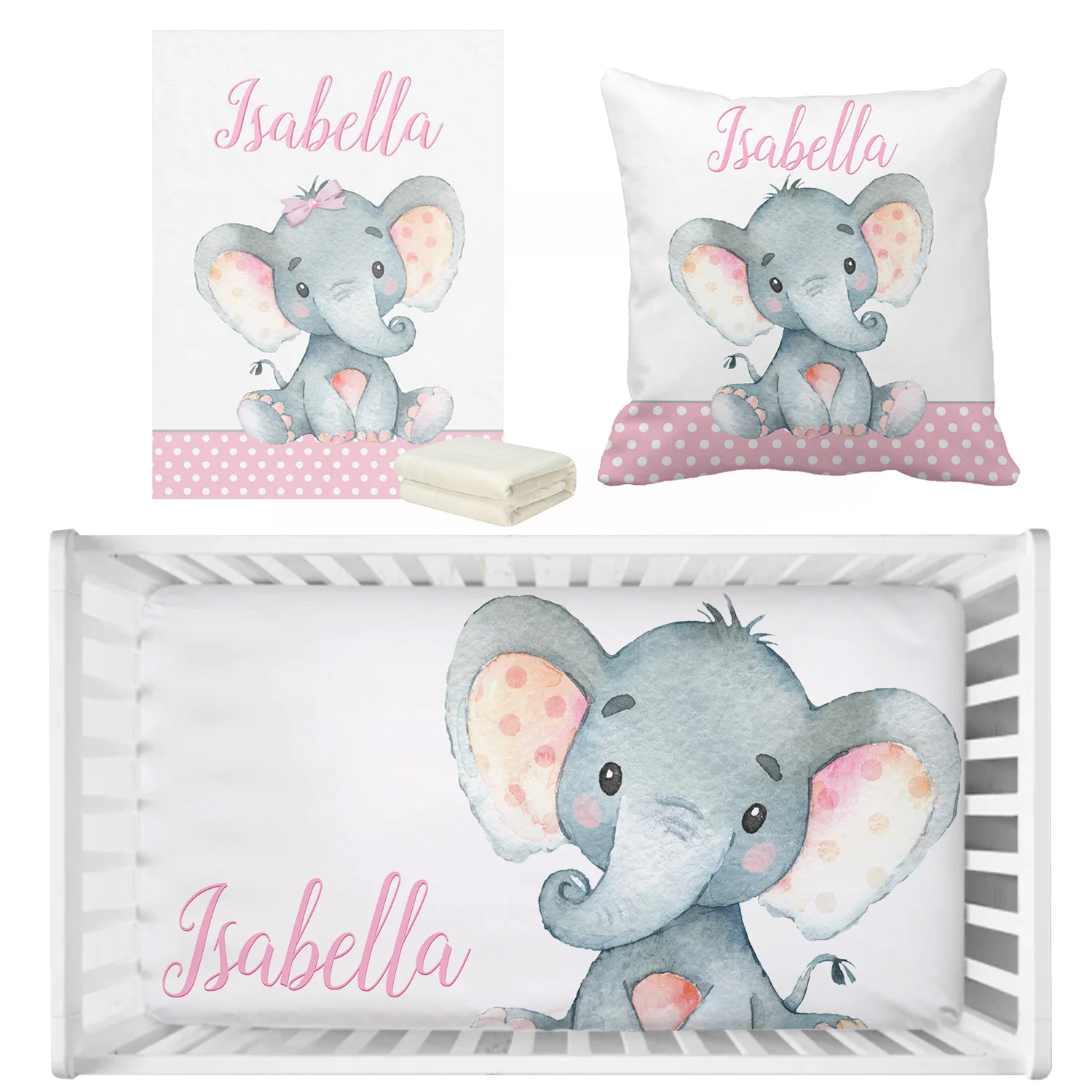 Juego de sábanas cuna personalizado con elefante rosa para niña - imagen 5