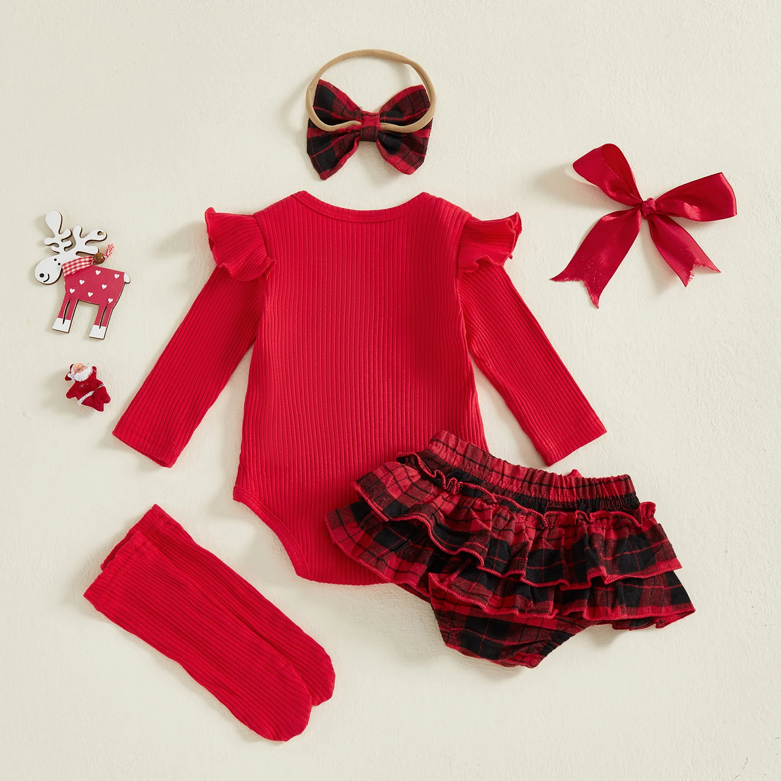 SUNSIOM Traje de Navidad para niña de 0 a 18 meses, pelele de manga larga de Papá Noel, pantalones cortos con volantes a cuadros, diadema con lazo, medias acanaladas, 4 piezas - imagen 2
