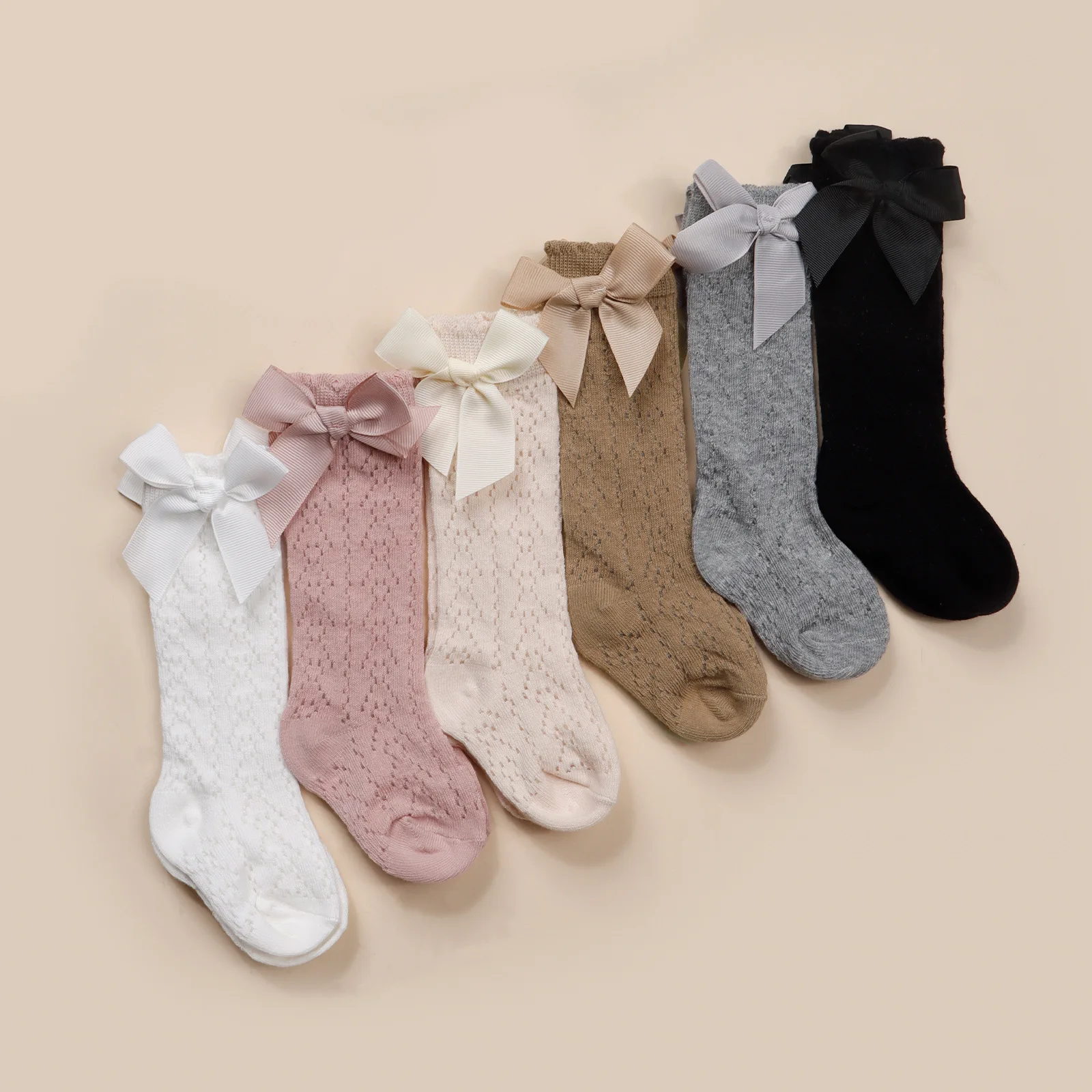 1 Juego de diademas tejidas con lazo para recién nacidos, calcetines medios sólidos para bebés, calcetines suaves de nailon Jacquard para antes de caminar, bonitos calcetines con diadema infantil