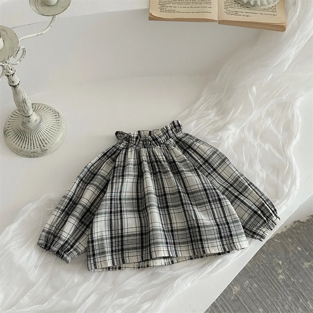Ropa para niñas pequeñas, camiseta a cuadros de manga larga, camisa de cuello alto para niñas, traje diario, Tops largos, primavera 2025 - imagen 4
