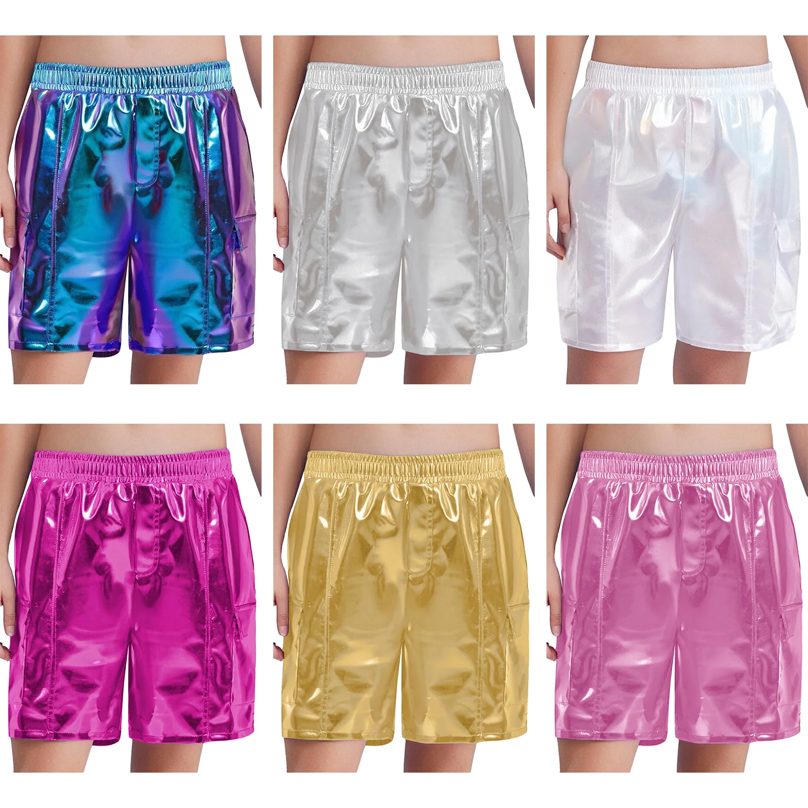 Calzoncillos tipo bóxer de baile de Jazz para niñas, pantalones cortos tipo Cargo metálicos con cintura elástica, disfraces para actuación en escenario de baile de Jazz de Hip-Hop - imagen 2