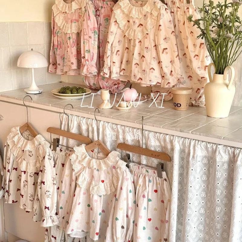 1 Juego de ropa de dormir dulce de dibujos animados para niña, pijamas Kawaii con volantes de oso y conejito para niños, pantalones de manga larga de algodón suave para primavera y verano