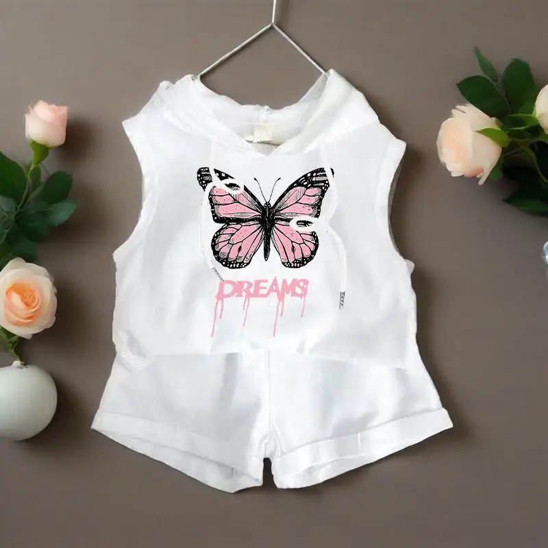 Camiseta de verano para niños, chaleco + Pantalones cortos, conjuntos de 2 uds., Top sin mangas con capucha, traje informal para niñas, ropa deportiva para exteriores para niños - imagen 4