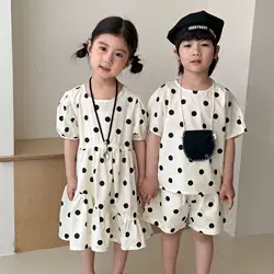 Conjunto para niños, ropa hermano y hermana, traje de verano manga corta bebés, vestido ocio ondulado niñas