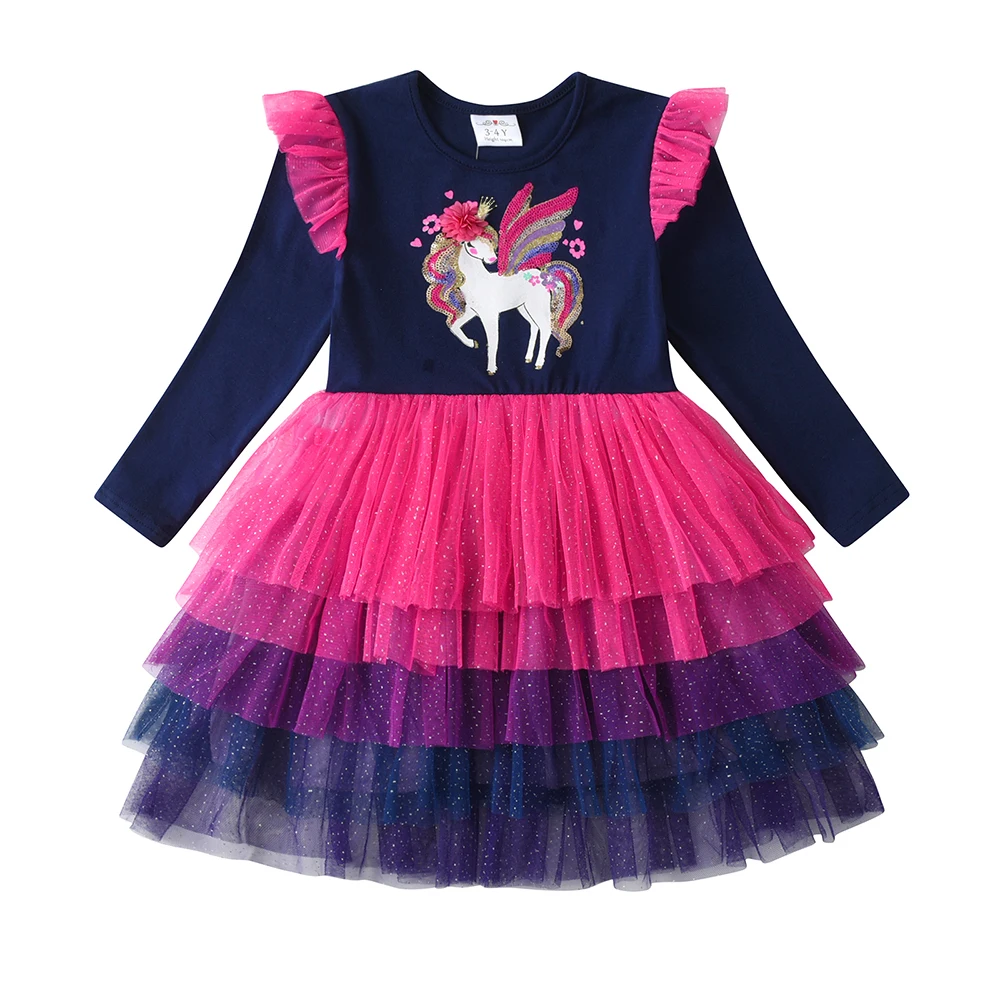 DXTON Vestido manga larga unicornio para niña con volantes