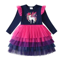 DXTON Vestido manga larga unicornio para niña con volantes
