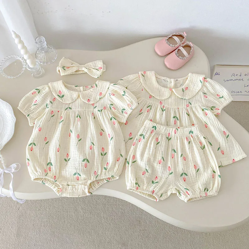 New Summer Infant Tulip Bodysuit with Hair Band 0-3T Cute Printing Flower Girls Shirt +Shorts Clothes Set