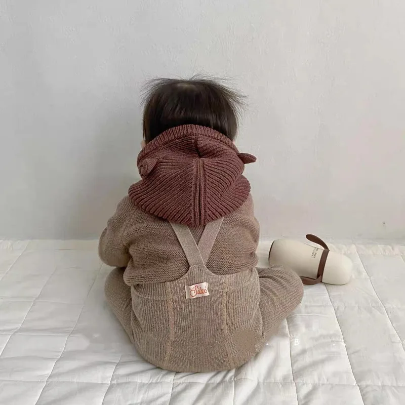 Gorro de pasamontañas coreano para niños, gorro con solapa para las orejas de invierno con bufanda, capucha, bonito diseño de orejas de Animal, gorro tejido para bebés, conjunto calentador de cuello cálido - imagen 3
