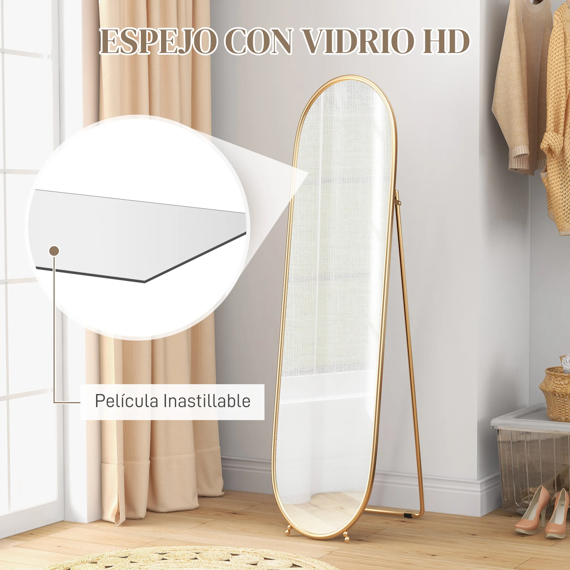 HOMCOM Espejo de Pie Cuerpo Entero Ovalado 160x40 cm, Espejo de Cuerpo Entero con Soporte, 2 Formas de Uso, Independiente y Apoyado, para Salón, Entrada, Dormitorio, Dorado - imagen 5
