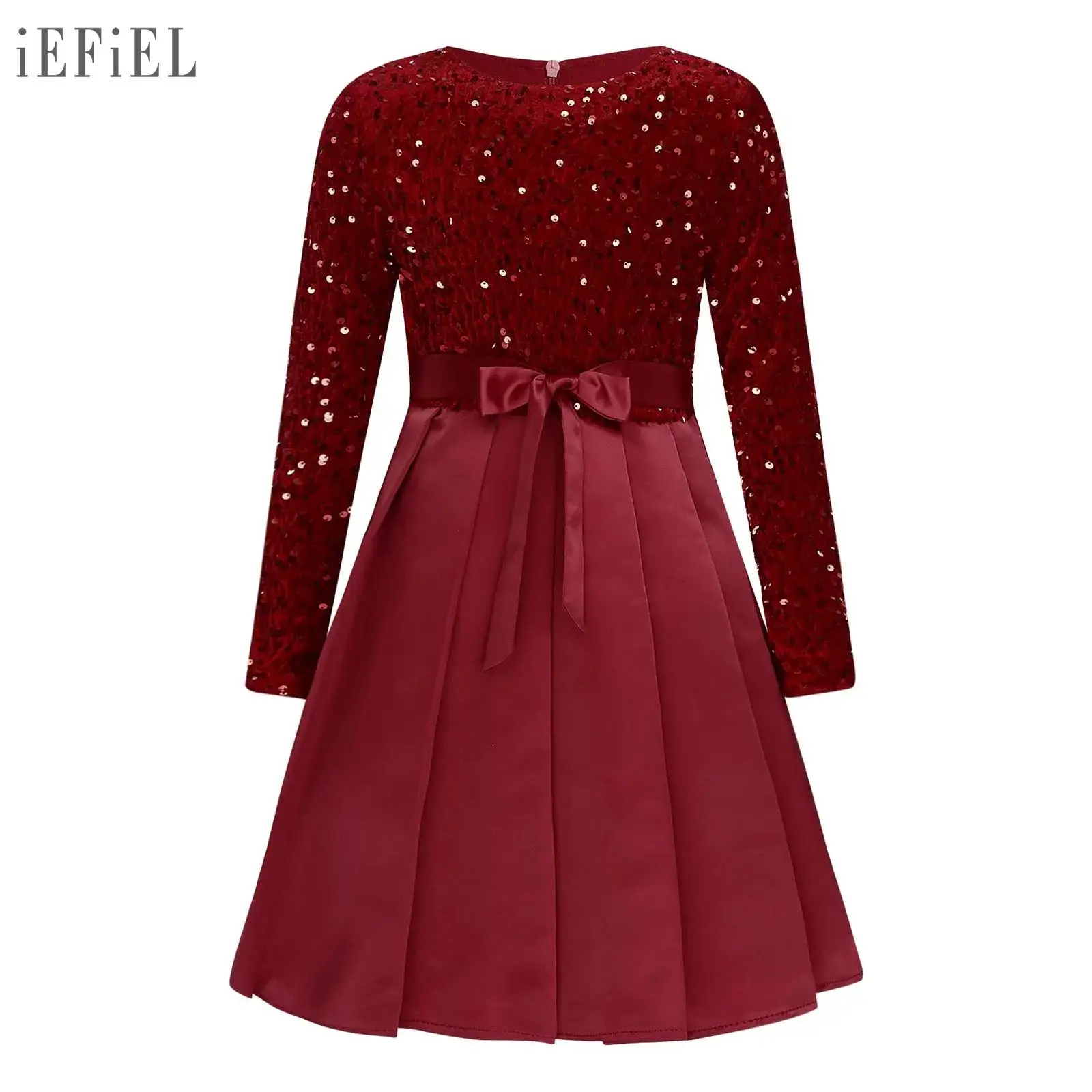 Vestido de flores para niñas, vestido de fiesta con lentejuelas, manga larga, cintura alta, hasta la rodilla, vestido plisado con cinturón para banquete, desfile de boda