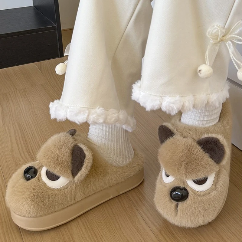Zapatillas peludas de perro enojado para interiores para mujeres y hombres, zapatos cálidos para casa, chanclas de algodón para el suelo del hogar con dibujos divertidos de felpa suave para parejas - imagen 3