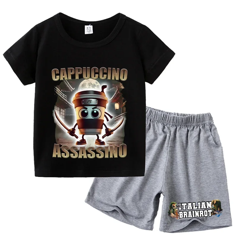 Camiseta italiana Brainrot para niños, conjunto informal de algodón, ropa de verano TungTung Sahur, Tralalero Tralals, camiseta bonita de dibujos animados para niños, pantalones - imagen 2