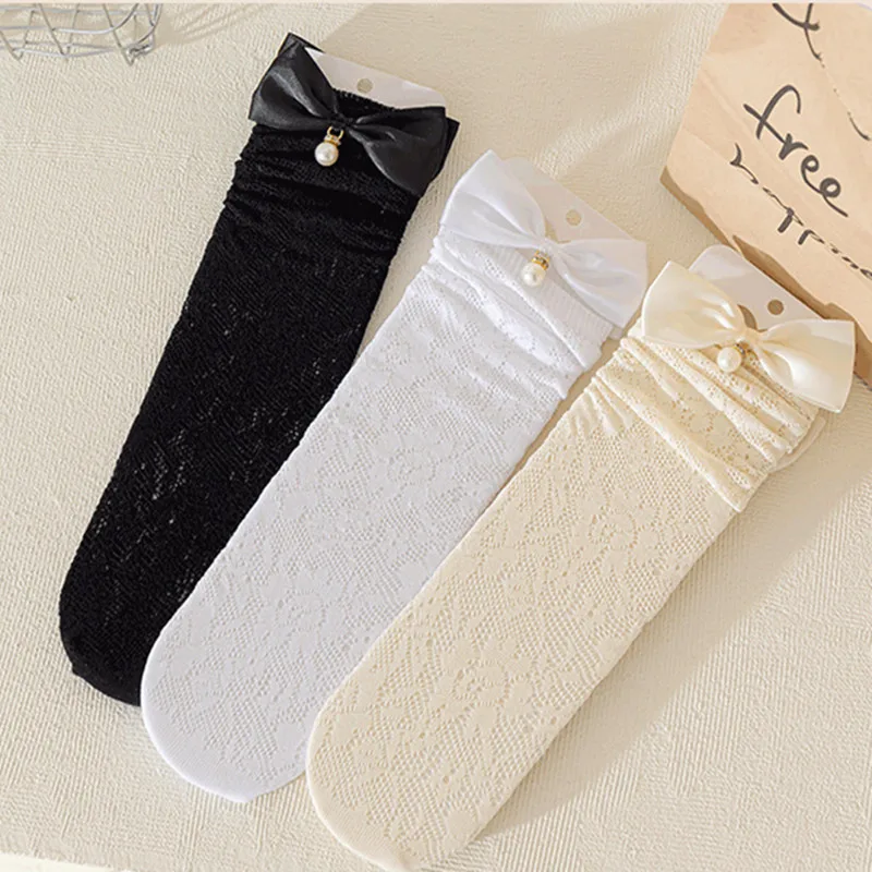 1 par de medias bonitas de encaje de malla con lazo para niñas, calcetines finos hasta la rodilla de verano para niñas Lolita - imagen 2