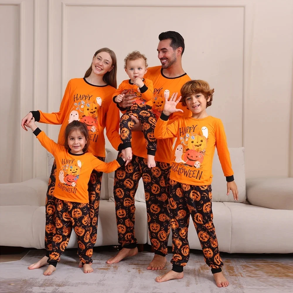 2025 Nieuwe Pompoenprint PJs Sets 2-delige Loungewear Volwassen Kinderen Halloween Pyjama Voor Familie Vakantie Kleding - imagen 2