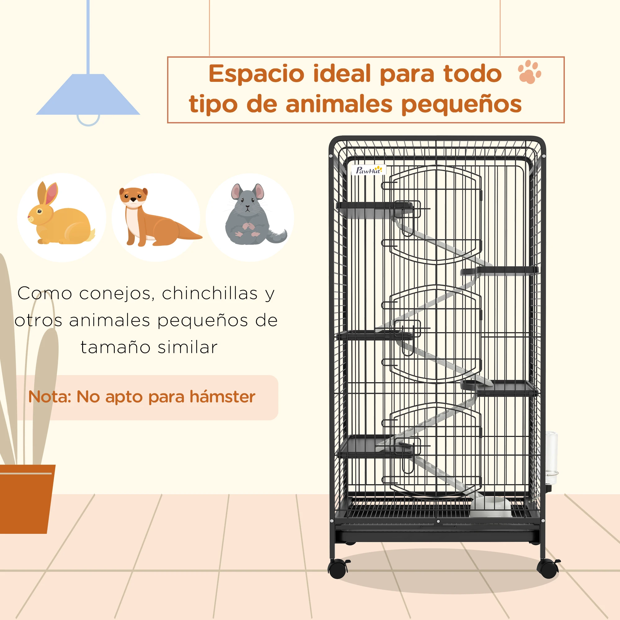 PawHut Jaula para Animales Pequeños Jaula para Roedores con Ruedas Rampa Cuenco Botella de Agua y Bandeja Extraíble Recinto para Conejos Chinchillas Hurones 64x43,5x131 cm Negro - imagen 4