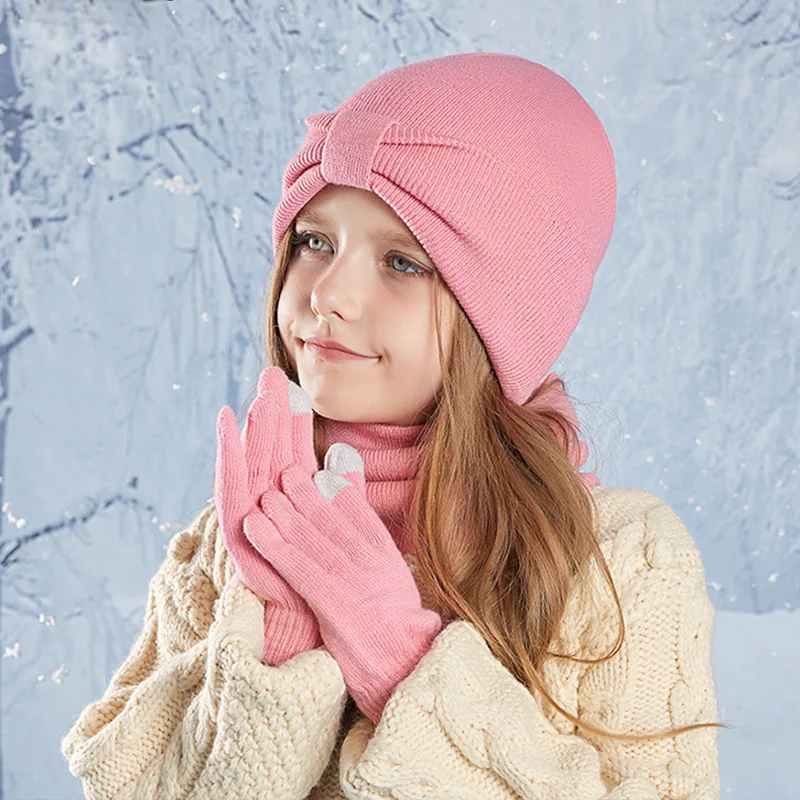 3 unids/set sombreros para niños guantes bufanda para niños niñas bebé invierno al aire libre gorros con protección para los oídos lazo sólido más gorro de punto cálido de terciopelo - imagen 4